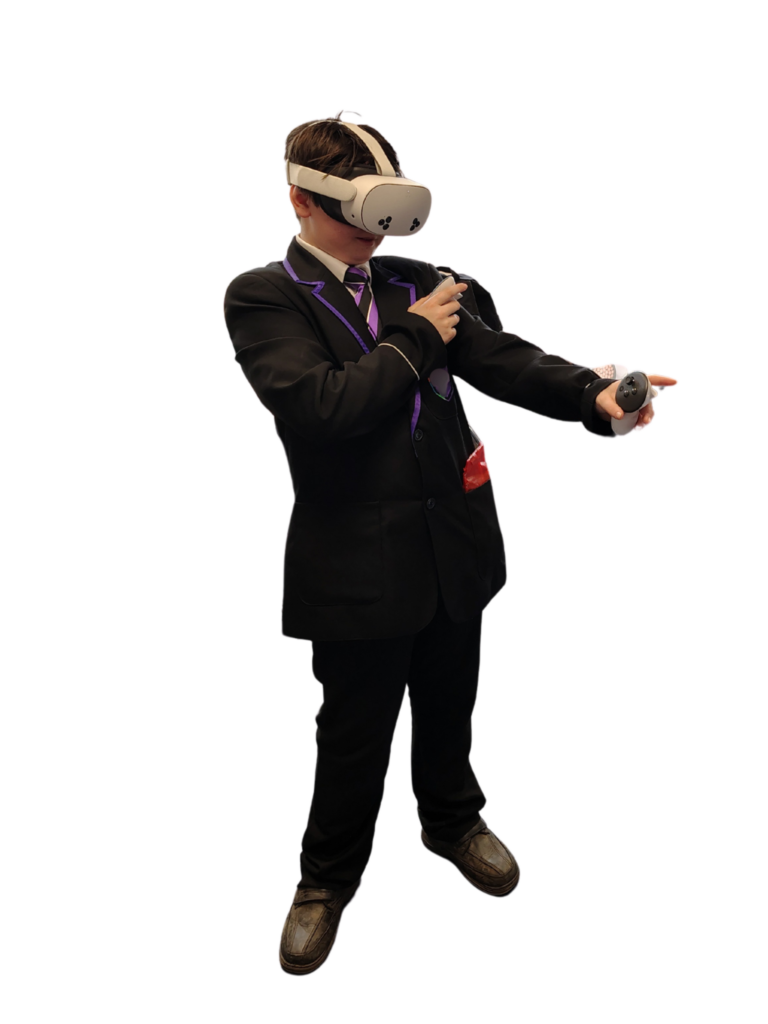 Male student using VR and pointing